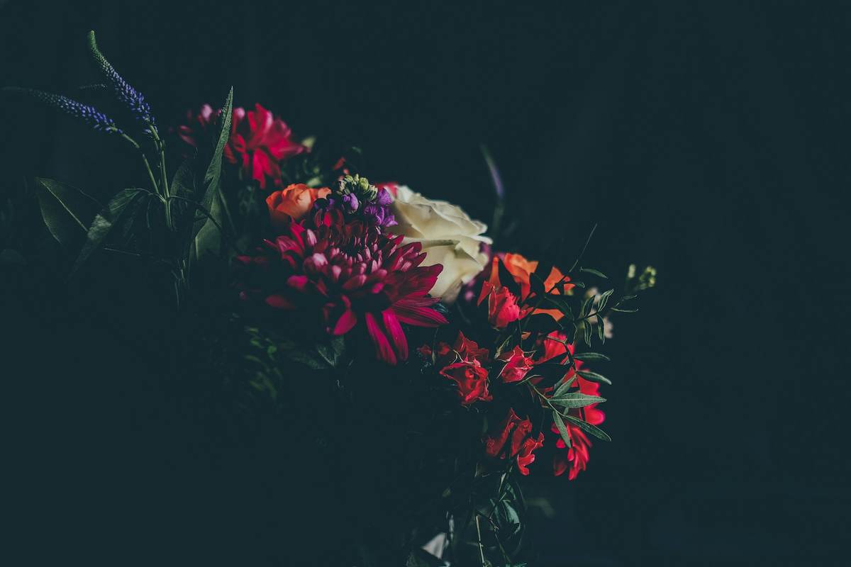 Boeket met rode, oranje en paarse bloemen tegen een donkere achtergrond