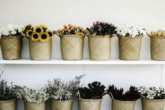 Bloemen en planten in manden op twee rekken